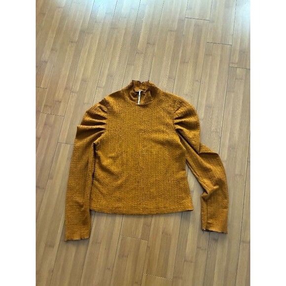 Women's Free People Burnt Orange Ela Long Puff Sleeve Turtleneck M Top Shirt - Picture 2 of 5